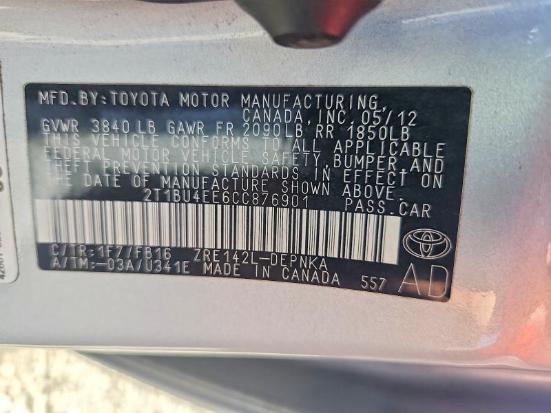 2012 Toyota Corolla მანქანა იყიდება აუქციონზე, vin: 2T1BU4EE6CC876901, აუქციონის ნომერი: 51693746