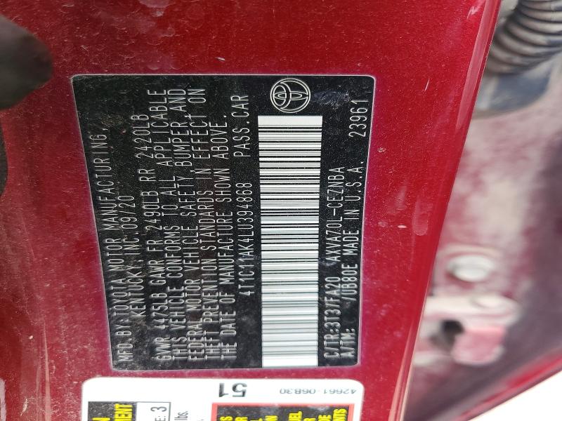 49999886 :رقم المزاد ، 4T1C11AK4LU394868 vin ، 2020 Toyota Camry مزاد بيع