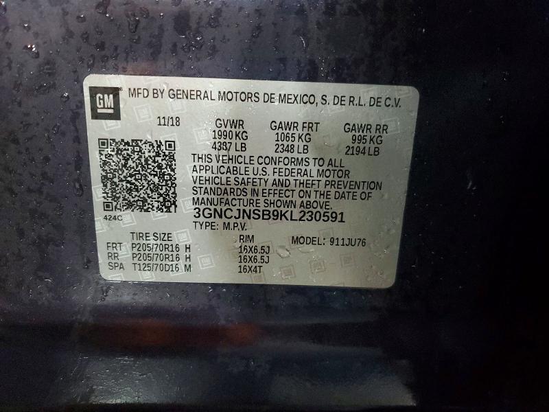 Aukcja sprzedaży 2019 Chevrolet Trax, vin: 3GNCJNSB9KL230591, numer aukcji: 49987016