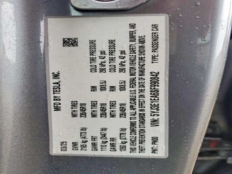 2025 Tesla Model 3 მანქანა იყიდება აუქციონზე, vin: 5YJ3E1EA6SF990842, აუქციონის ნომერი: 47081006