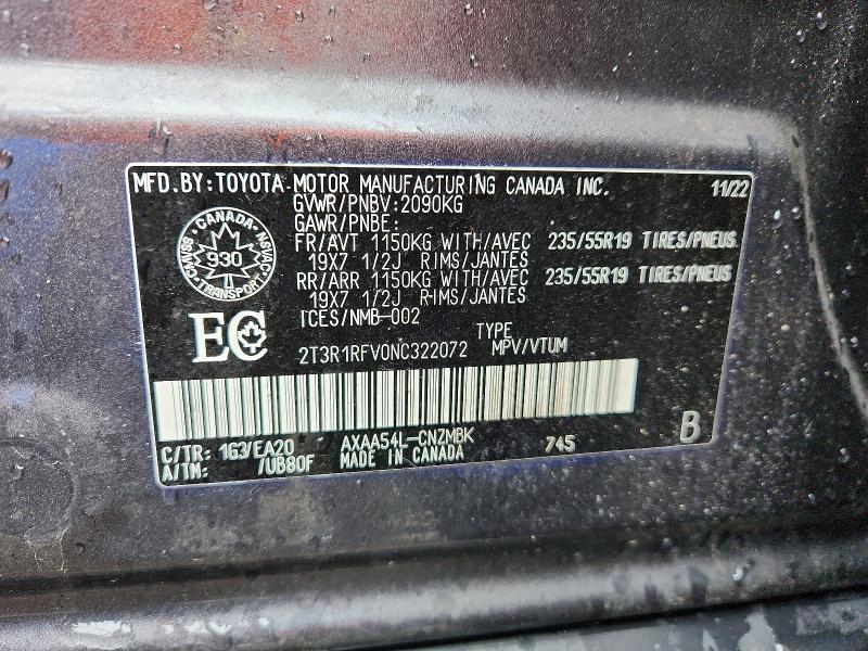 49787276 :رقم المزاد ، 2T3R1RFV0NC322072 vin ، 2022 Toyota Rav4 مزاد بيع