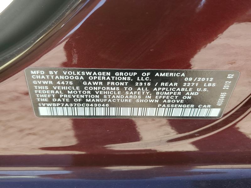 2013 Volkswagen Passat მანქანა იყიდება აუქციონზე, vin: 1VWBP7A37DC043046, აუქციონის ნომერი: 50433396