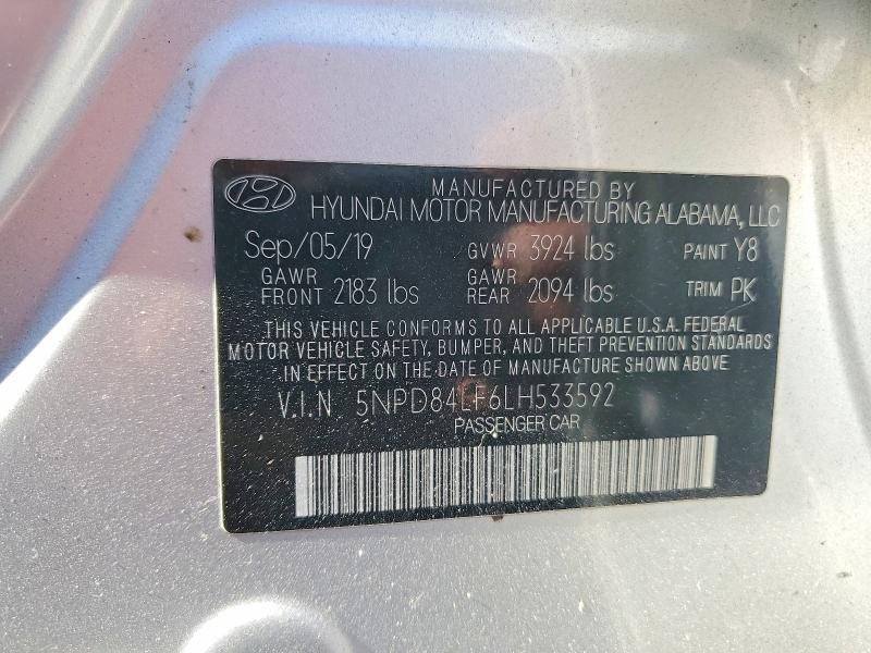 50261376 :رقم المزاد ، 5NPD84LF6LH533592 vin ، 2020 Hyundai Elantra مزاد بيع