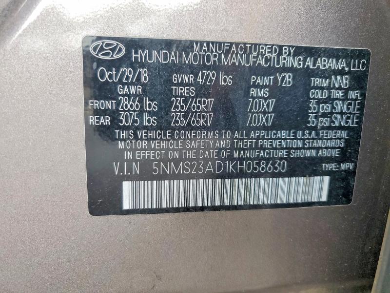 Продаж на аукціоні авто 2019 Hyundai Santa Fe, vin: 5NMS23AD1KH058630, номер лоту: 51849366