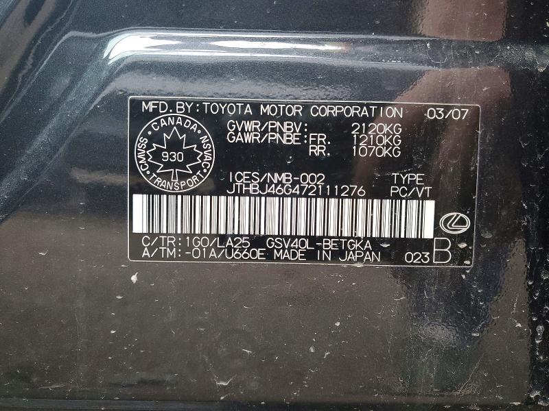 Aukcja sprzedaży 2007 Lexus Es 350, vin: JTHBJ46G472111276, numer aukcji: 47795266