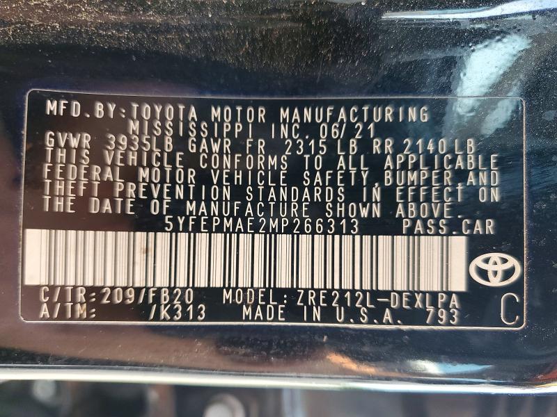 Продаж на аукціоні авто 2021 Toyota Corolla, vin: 5YFEPMAE2MP266313, номер лоту: 51597236