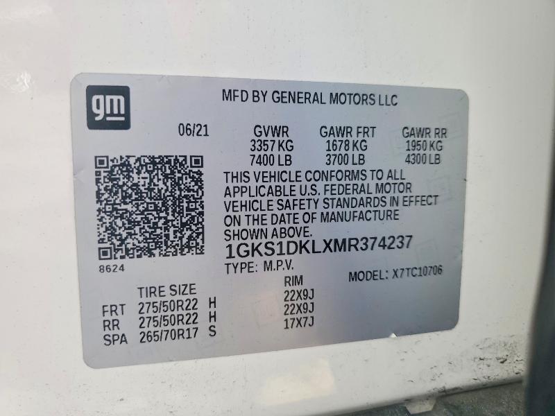 49375076 :رقم المزاد ، 1GKS1DKLXMR374237 vin ، 2021 Gmc Yukon مزاد بيع