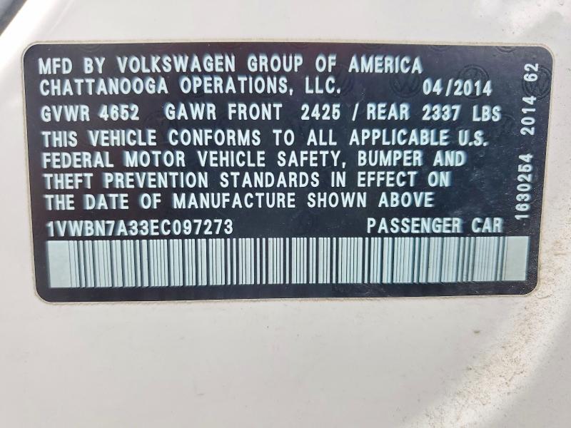 Продаж на аукціоні авто 2014 Volkswagen Passat, vin: 1VWBN7A33EC097273, номер лоту: 49629706