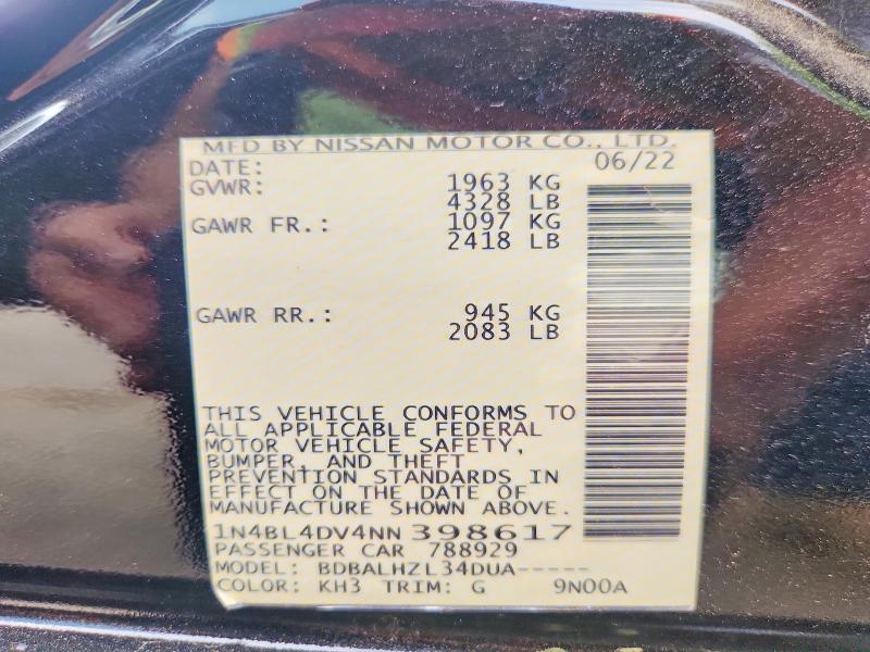 2022 Nissan Altima მანქანა იყიდება აუქციონზე, vin: 1N4BL4DV4NN398617, აუქციონის ნომერი: 51380506