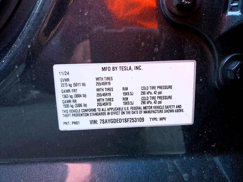 2025 Tesla Model Y მანქანა იყიდება აუქციონზე, vin: 7SAYGDED1SF253109, აუქციონის ნომერი: 51015556