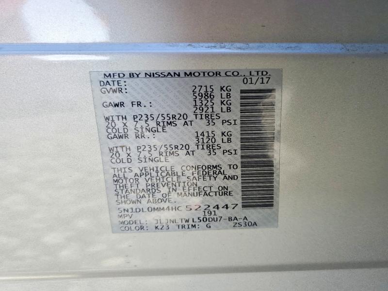 Aukcja sprzedaży 2017 Infiniti Qx60, vin: 5N1DL0MM4HC522447, numer aukcji: 51636796