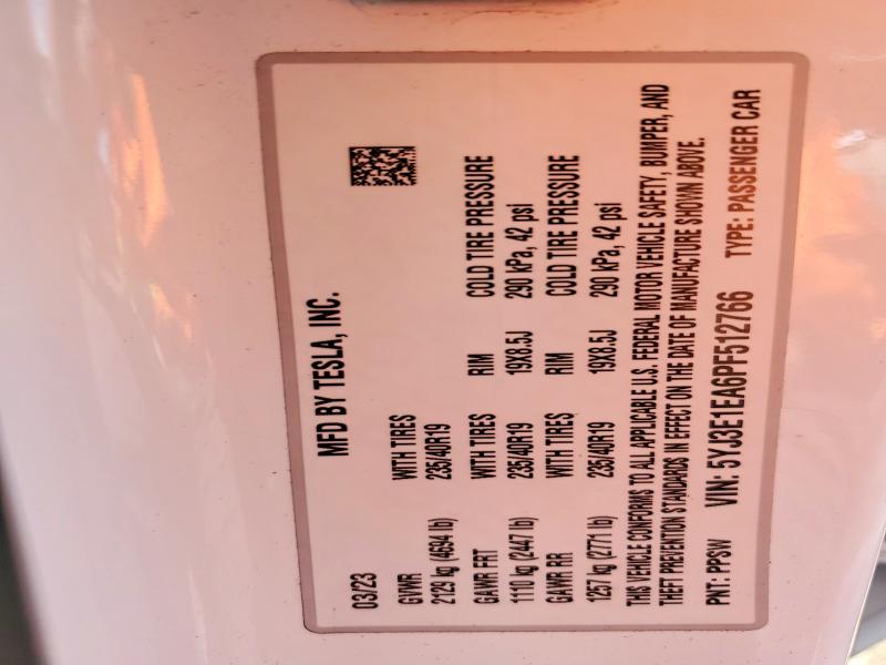 2023 Tesla Model 3 მანქანა იყიდება აუქციონზე, vin: 5YJ3E1EA6PF512766, აუქციონის ნომერი: 49849006
