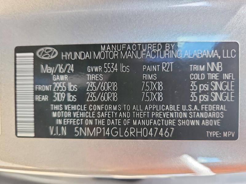 49427016 :رقم المزاد ، 5NMP14GL6RH047467 vin ، 2024 Hyundai Santa Fe مزاد بيع