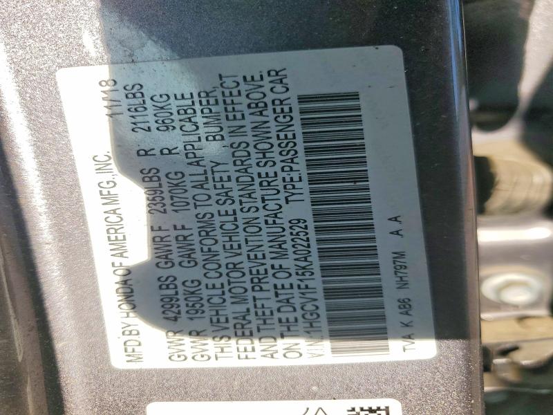 Aukcja sprzedaży 2019 Honda Accord, vin: 1HGCV1F15KA022529, numer aukcji: 49737216