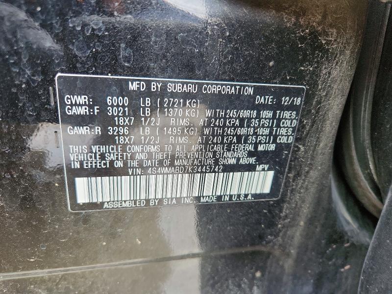 49166456 :رقم المزاد ، 4S4WMABD7K3445742 vin ، 2019 Subaru Ascent مزاد بيع