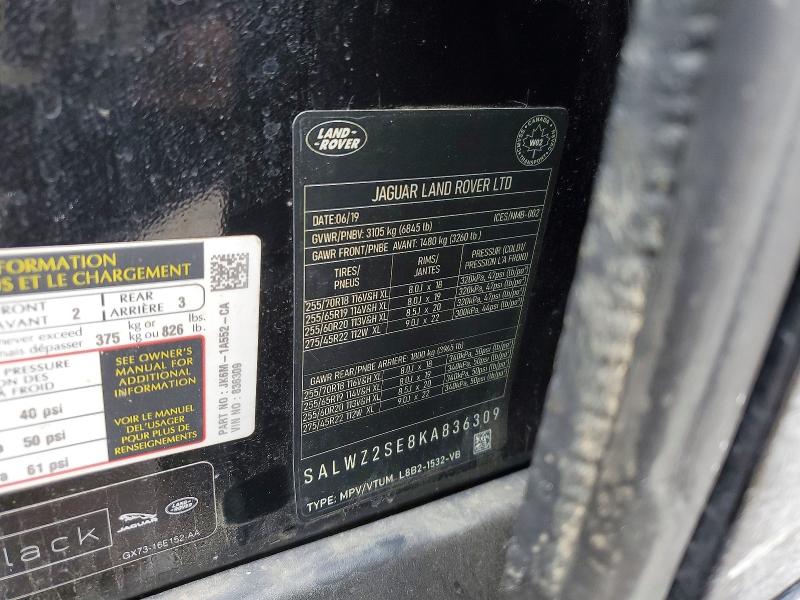 48521726 :رقم المزاد ، SALWZ2SE8KA836309 vin ، 2019 Land Rover Range Rover Sport مزاد بيع