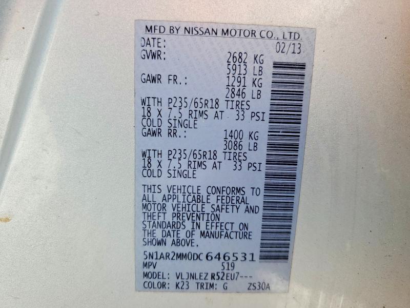 Aukcja sprzedaży 2013 Nissan Pathfinder, vin: 5N1AR2MM0DC646531, numer aukcji: 51261106
