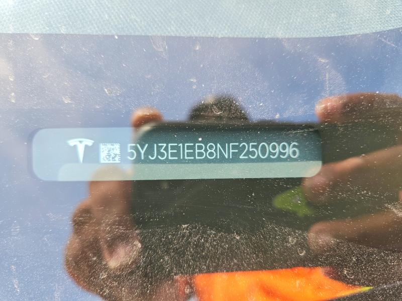 2022 Tesla Model 3 მანქანა იყიდება აუქციონზე, vin: 5YJ3E1EB8NF250996, აუქციონის ნომერი: 48312896
