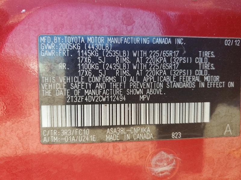 49914036 :رقم المزاد ، 2T3ZF4DV2CW112494 vin ، 2012 Toyota Rav4 مزاد بيع