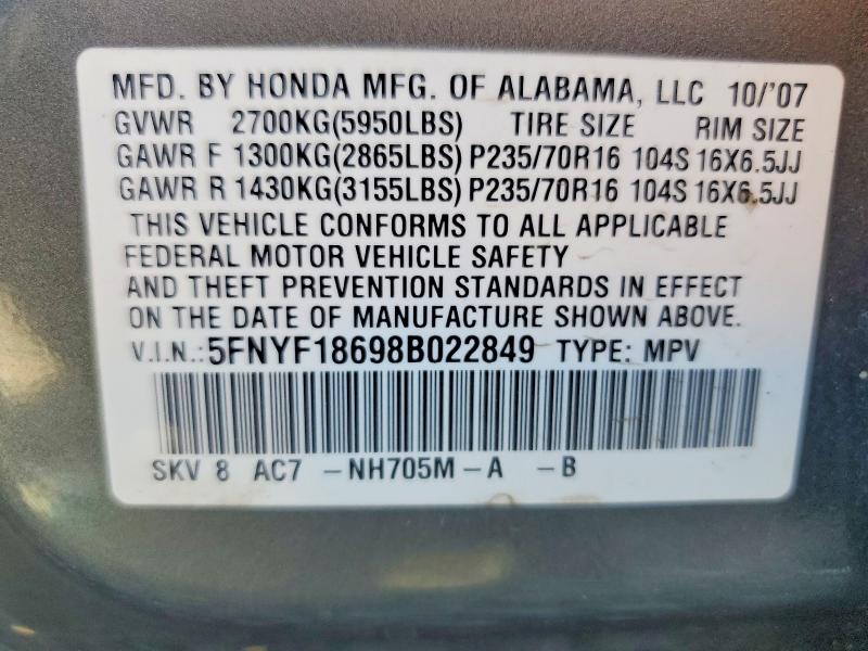 2008 Honda Pilot მანქანა იყიდება აუქციონზე, vin: 5FNYF18698B022849, აუქციონის ნომერი: 51291866