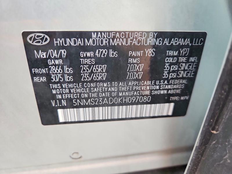 Продаж на аукціоні авто 2019 Hyundai Santa Fe, vin: 5NMS23AD0KH097080, номер лоту: 49235876