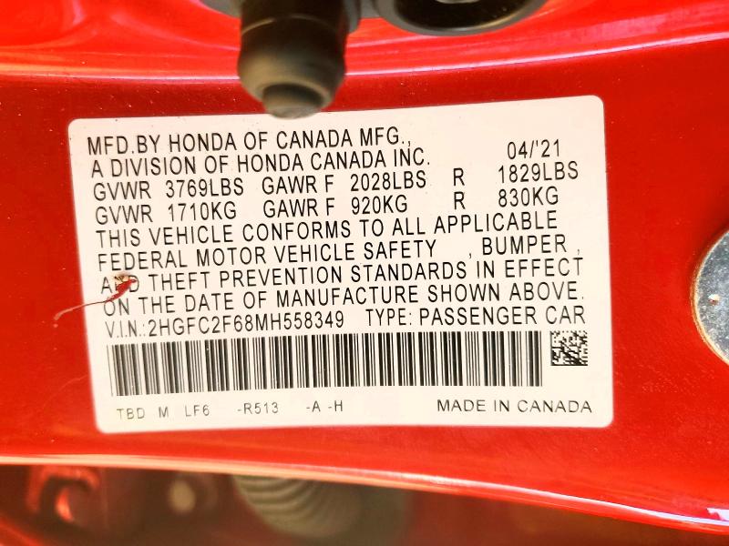 Продажа на аукционе авто 2021 Honda Civic, vin: 2HGFC2F68MH558349, номер лота: 48696056