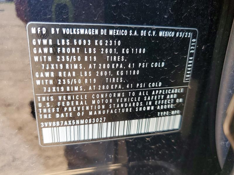 51107166 :رقم المزاد ، 3VV8B7AX5NM083027 vin ، 2022 Volkswagen Tiguan مزاد بيع