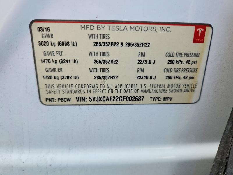 Aukcja sprzedaży 2016 Tesla Model X, vin: 5YJXCAE22GF002687, numer aukcji: 50184836