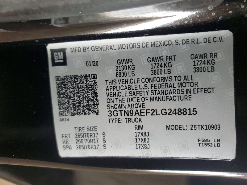 2020 Gmc Sierra მანქანა იყიდება აუქციონზე, vin: 3GTN9AEF2LG248815, აუქციონის ნომერი: 51349116