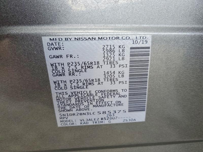 49477706 :رقم المزاد ، 5N1DR2BN3LC585375 vin ، 2020 Nissan Pathfinder مزاد بيع