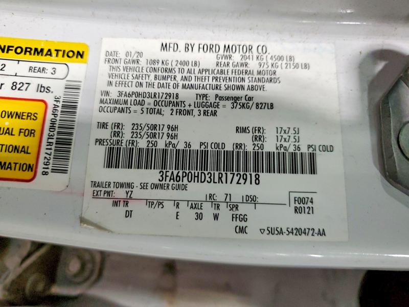 Aukcja sprzedaży 2020 Ford Fusion, vin: 3FA6P0HD3LR172918, numer aukcji: 50965486
