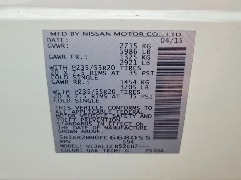 Aukcja sprzedaży 2015 Nissan Pathfinder, vin: 5N1AR2MN0FC668055, numer aukcji: 50927256