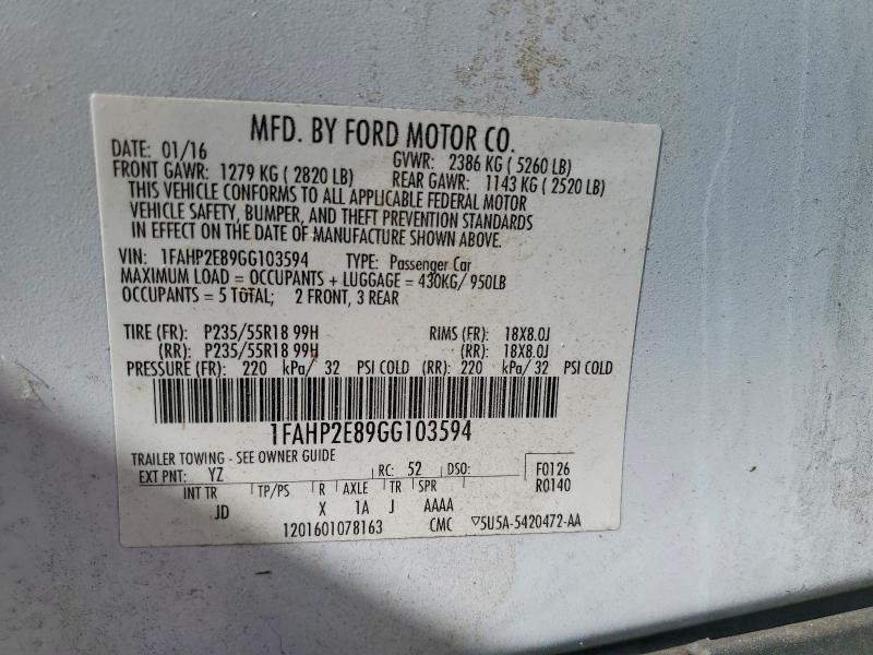 2016 Ford Taurus მანქანა იყიდება აუქციონზე, vin: 1FAHP2E89GG103594, აუქციონის ნომერი: 49501106