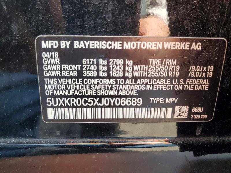 50557046 :رقم المزاد ، 5UXKR0C5XJ0Y06689 vin ، 2018 Bmw X5 مزاد بيع