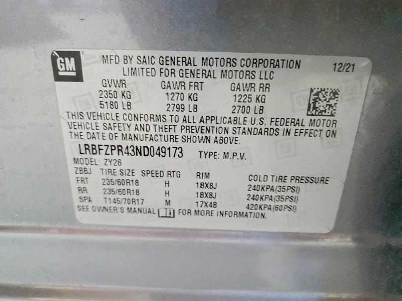 Aukcja sprzedaży 2022 Buick Envision, vin: LRBFZPR43ND049173, numer aukcji: 50421036