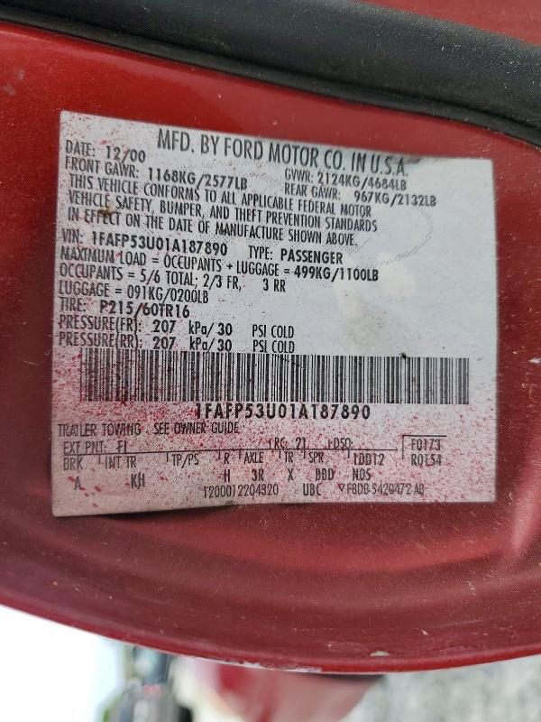 Продаж на аукціоні авто 2001 Ford Taurus, vin: 1FAFP53U01A187890, номер лоту: 48864436