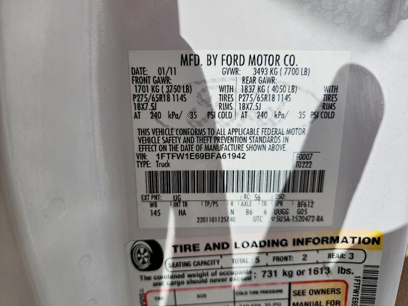 2011 Ford F150 მანქანა იყიდება აუქციონზე, vin: 1FTFW1E69BFA61942, აუქციონის ნომერი: 50293126