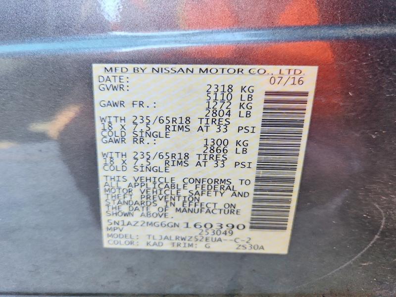 Aukcja sprzedaży 2016 Nissan Murano, vin: 5N1AZ2MG6GN160390, numer aukcji: 51445366