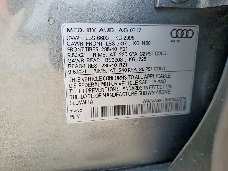 2017 Audi Q7 მანქანა იყიდება აუქციონზე, vin: WA1VABF75HD050975, აუქციონის ნომერი: 50626946