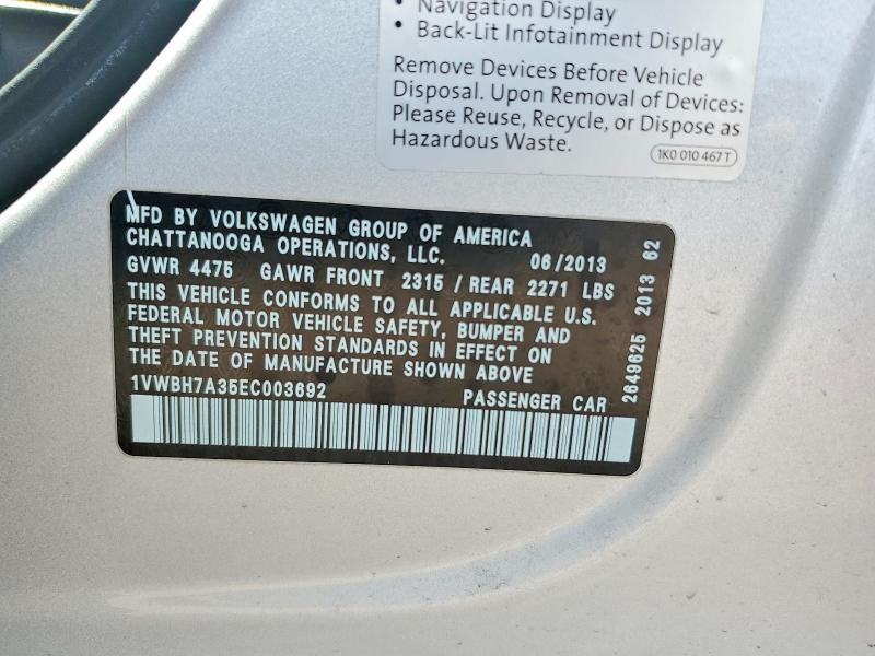 48074216 :رقم المزاد ، 1VWBH7A35EC003692 vin ، 2014 Volkswagen Passat مزاد بيع