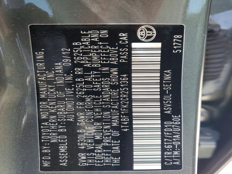 50320416 :رقم المزاد ، 4T4BF1FK2CR251364 vin ، 2012 Toyota Camry مزاد بيع