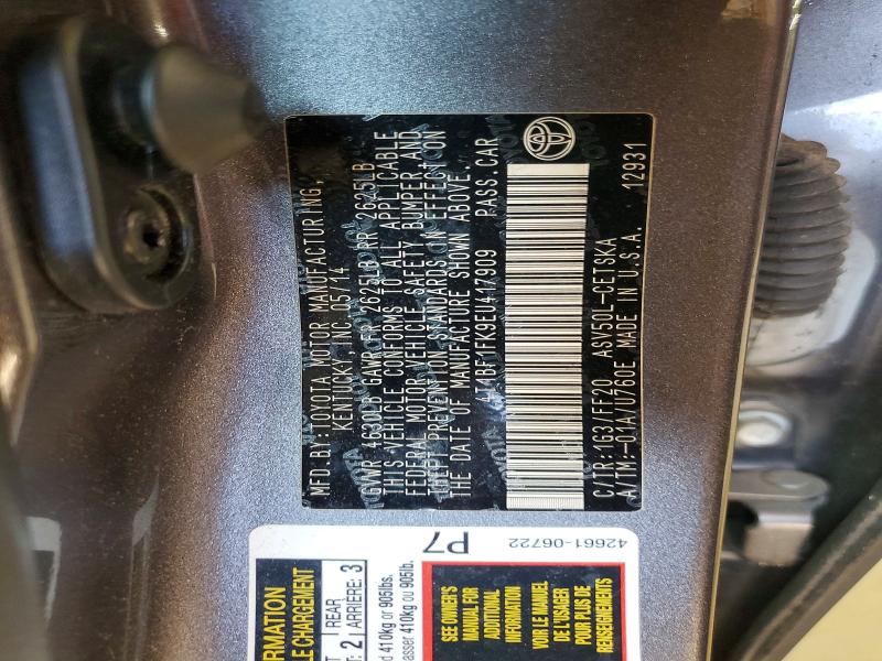 2014 Toyota Camry მანქანა იყიდება აუქციონზე, vin: 4T1BF1FK9EU417909, აუქციონის ნომერი: 51859456