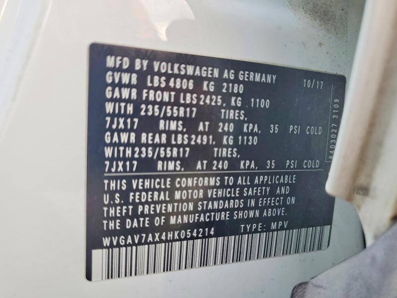 Aukcja sprzedaży 2017 Volkswagen Tiguan, vin: WVGAV7AX4HK054214, numer aukcji: 48951226