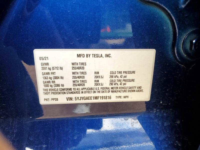 2021 Tesla Model Y მანქანა იყიდება აუქციონზე, vin: 5YJYGAEE1MF191816, აუქციონის ნომერი: 50193656