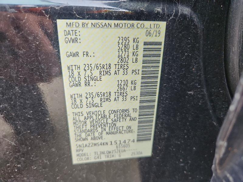 2019 Nissan Murano მანქანა იყიდება აუქციონზე, vin: 5N1AZ2MS4KN151474, აუქციონის ნომერი: 51878376