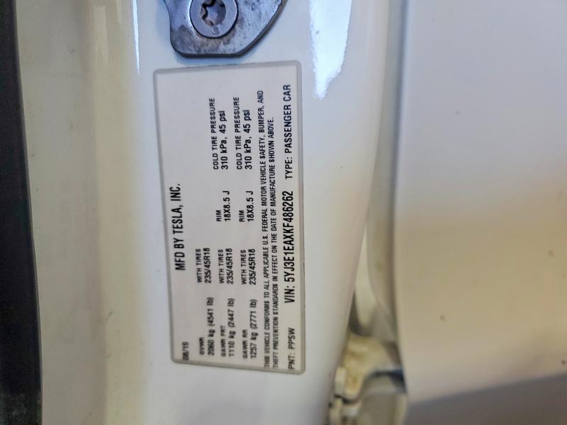 2019 Tesla Model 3 მანქანა იყიდება აუქციონზე, vin: 5YJ3E1EAXKF486262, აუქციონის ნომერი: 49376036