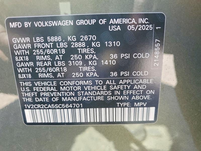 Aukcja sprzedaży 2025 Volkswagen Atlas, vin: 1V2CR2CA5SC564701, numer aukcji: 48991176