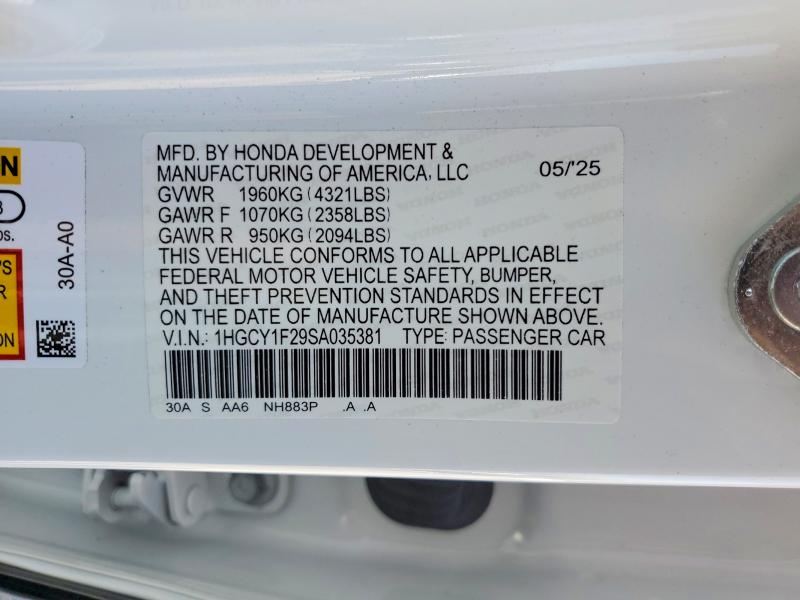 51451616 :رقم المزاد ، 1HGCY1F29SA035381 vin ، 2025 Honda Accord مزاد بيع