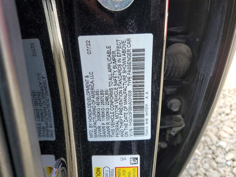 49326656 :رقم المزاد ، 1HGCV3F59NA031608 vin ، 2022 Honda Accord مزاد بيع