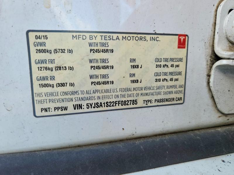 2015 Tesla Model S მანქანა იყიდება აუქციონზე, vin: 5YJSA1S22FF082785, აუქციონის ნომერი: 49178526